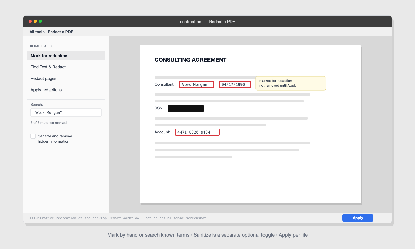 Adobe Acrobat redaction workflow (illustration)