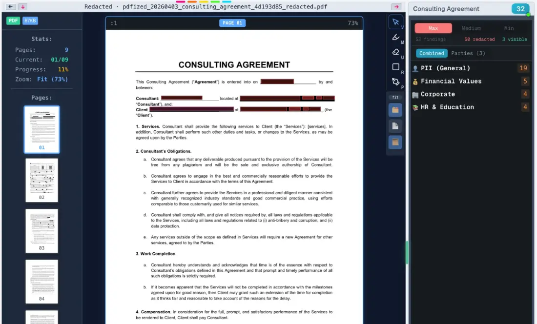PDFized dashboard showing the same document with sensitive values permanently redacted