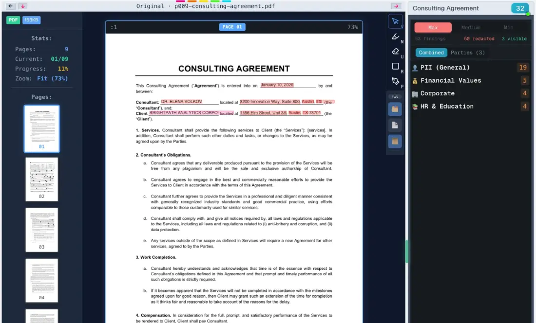 PDFized dashboard with sensitive values highlighted in a document before redaction