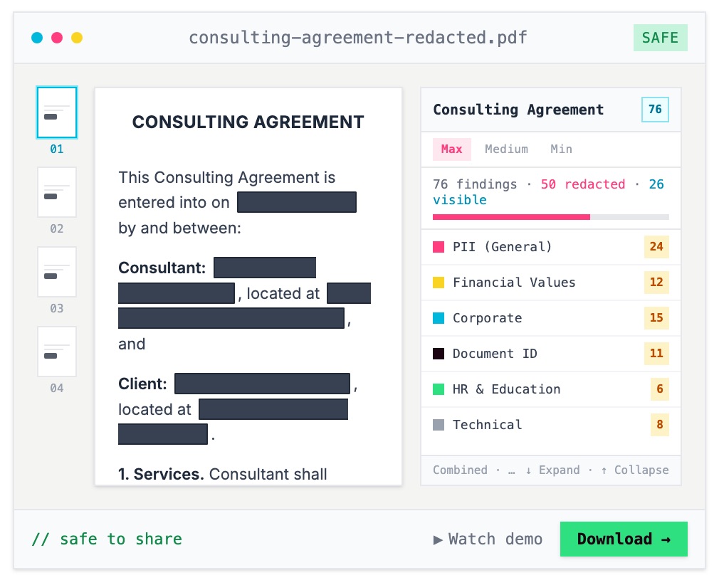 PDFized redacting a document with findings by category