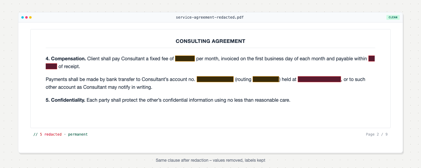 Same contract clause after redaction: fee, account number and bank replaced by solid bars