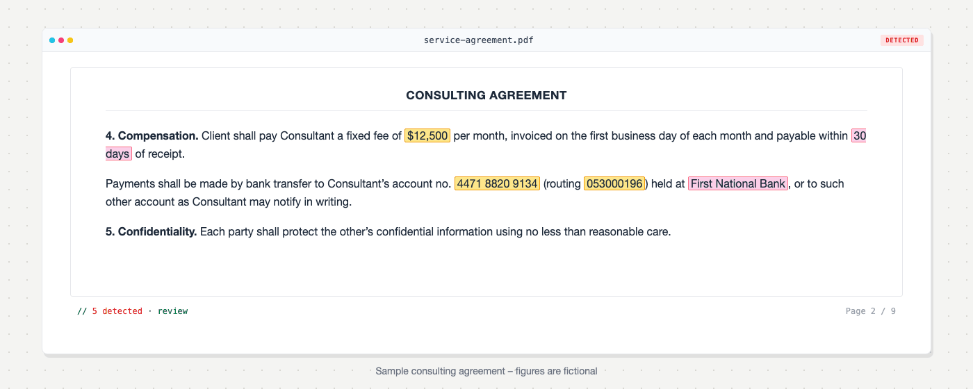 Consulting agreement clause with fee, account number and bank highlighted before redaction