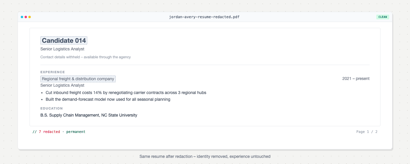 Same resume header after redaction: Candidate 014, no photo or contact details