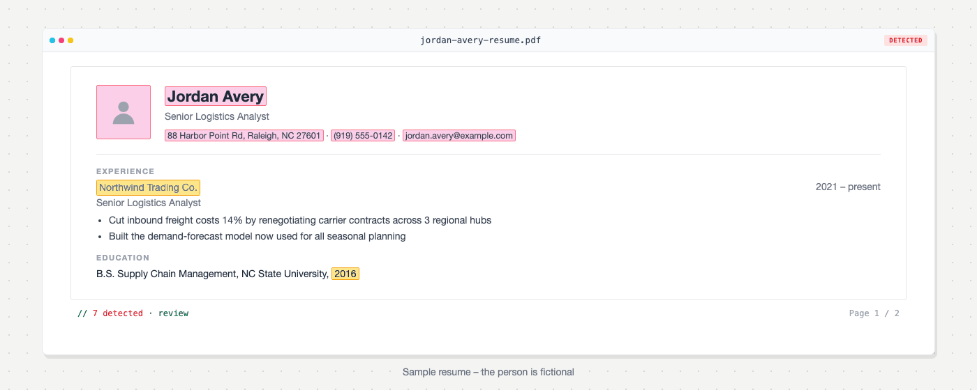 Resume header before redaction: name, photo, contact details and dates visible